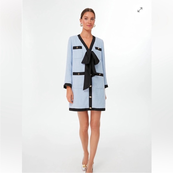 Tuckernuck Light Blue Bouclé Dress with Black Trim and Bow - Picture 2 of 6